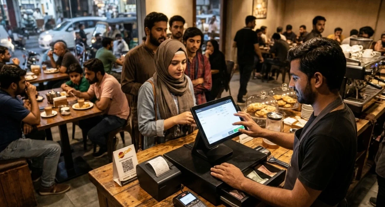 Cafe cashier software on a touchscreen POS at a busy counter with receipt printer, cash drawer and card machine